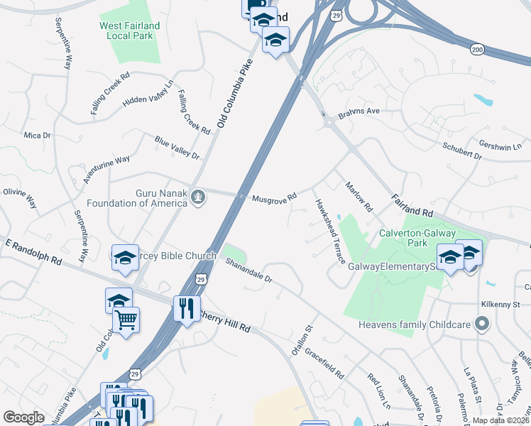 map of restaurants, bars, coffee shops, grocery stores, and more near 2505 Musgrove Road in Silver Spring