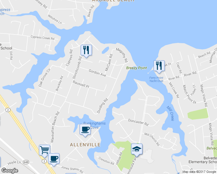 map of restaurants, bars, coffee shops, grocery stores, and more near 748 Dividing Road in Severna Park