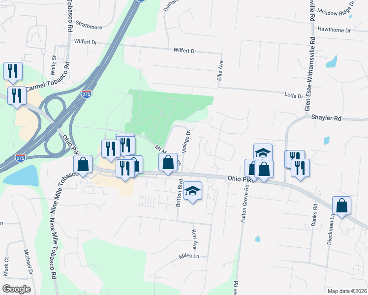 map of restaurants, bars, coffee shops, grocery stores, and more near 3997 Vinings Drive in Cincinnati