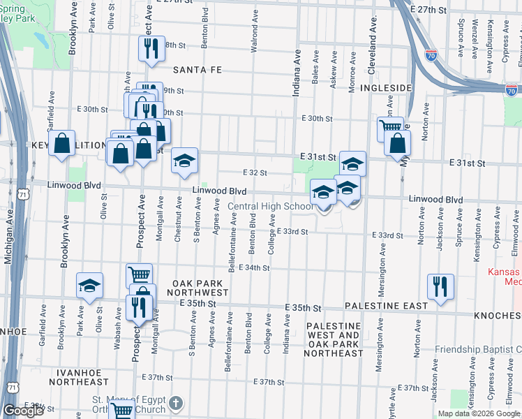 map of restaurants, bars, coffee shops, grocery stores, and more near 3219 Benton Boulevard in Kansas City