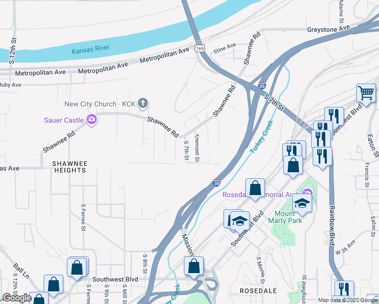 map of restaurants, bars, coffee shops, grocery stores, and more near 1866 Tremont Street in Kansas City