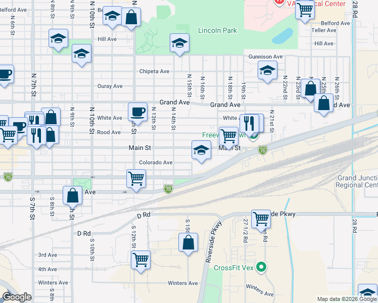 map of restaurants, bars, coffee shops, grocery stores, and more near 1508 Main Street in Grand Junction