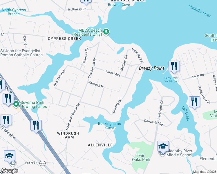 map of restaurants, bars, coffee shops, grocery stores, and more near 316 Raussell Place in Severna Park