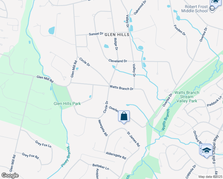 map of restaurants, bars, coffee shops, grocery stores, and more near 9728 Watts Branch Drive in Rockville
