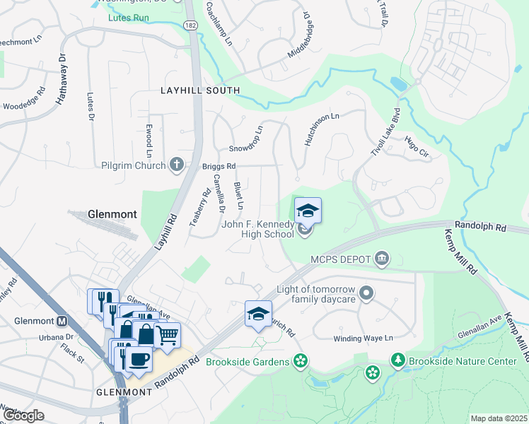 map of restaurants, bars, coffee shops, grocery stores, and more near 12811 Saddlebrook Drive in Silver Spring