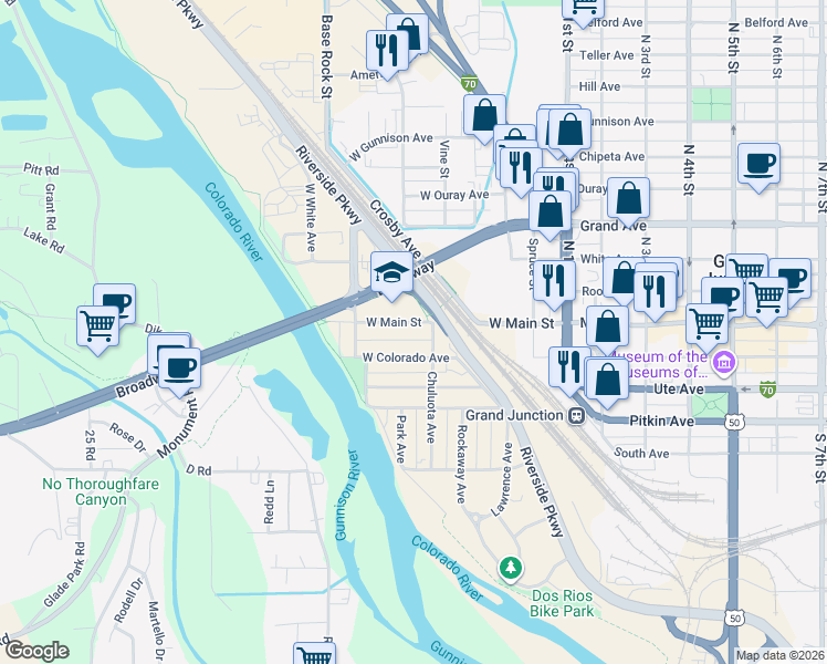 map of restaurants, bars, coffee shops, grocery stores, and more near Hoesch Street in Grand Junction