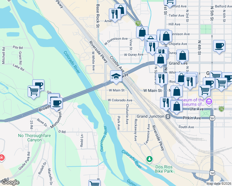 map of restaurants, bars, coffee shops, grocery stores, and more near Hoesch Street in Grand Junction