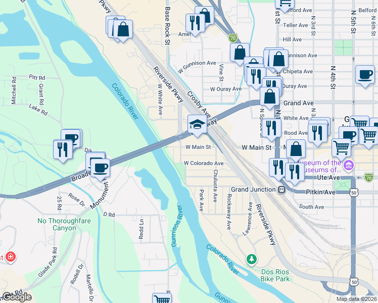 map of restaurants, bars, coffee shops, grocery stores, and more near 105 West Avenue in Grand Junction