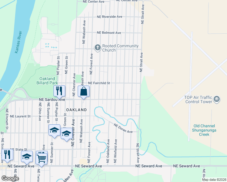 map of restaurants, bars, coffee shops, grocery stores, and more near 837 Northeast Winfield Avenue in Topeka