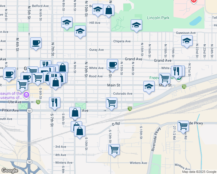 map of restaurants, bars, coffee shops, grocery stores, and more near 1171 Main Street in Grand Junction