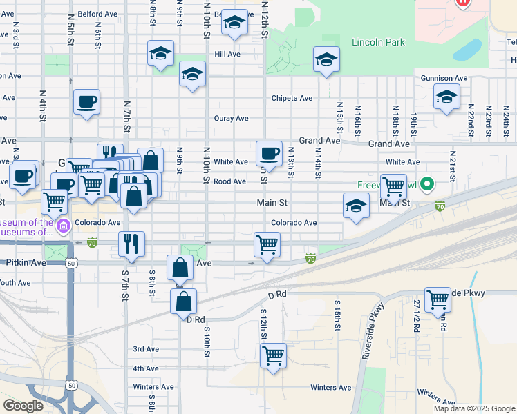 map of restaurants, bars, coffee shops, grocery stores, and more near 1161 Main Street in Grand Junction