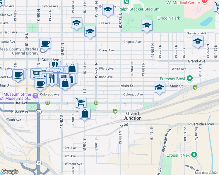 map of restaurants, bars, coffee shops, grocery stores, and more near 1130 Main Street in Grand Junction