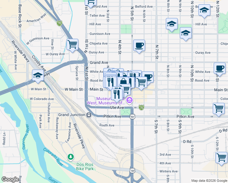 map of restaurants, bars, coffee shops, grocery stores, and more near in Grand Junction