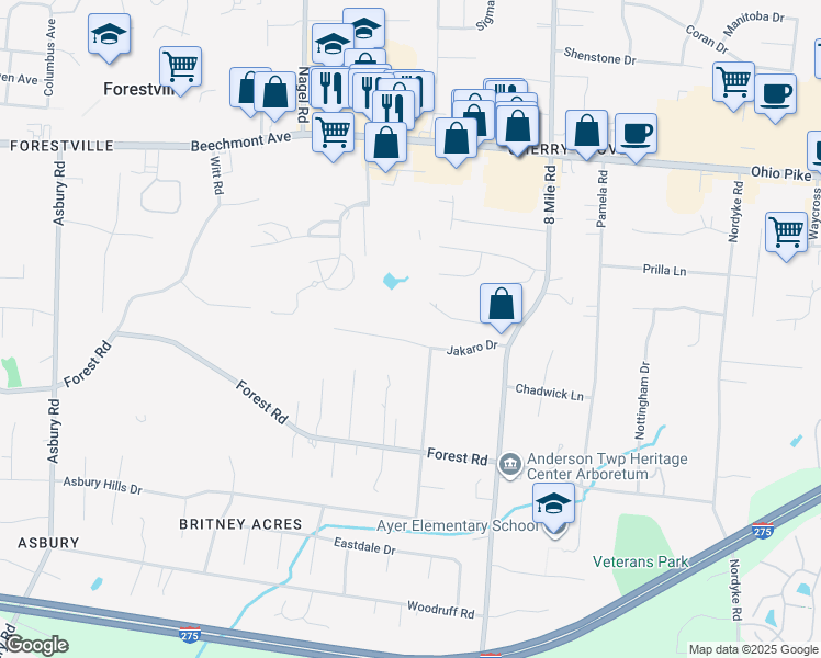 map of restaurants, bars, coffee shops, grocery stores, and more near 8310 Jakaro Drive in Cincinnati