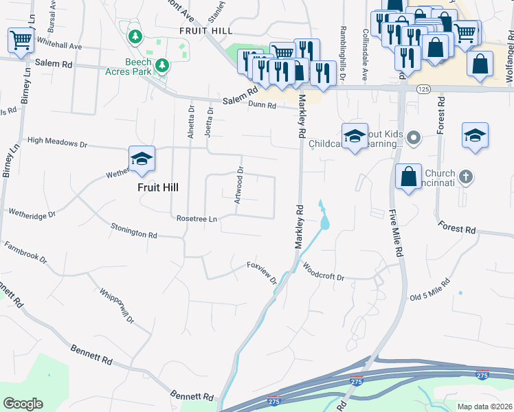 map of restaurants, bars, coffee shops, grocery stores, and more near 7126 Baribill Place in Cincinnati