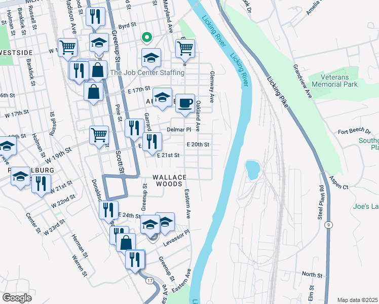 map of restaurants, bars, coffee shops, grocery stores, and more near 513 East 20th Street in Covington