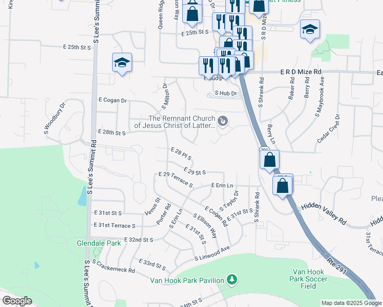 map of restaurants, bars, coffee shops, grocery stores, and more near 2764 South Coachman Drive in Independence