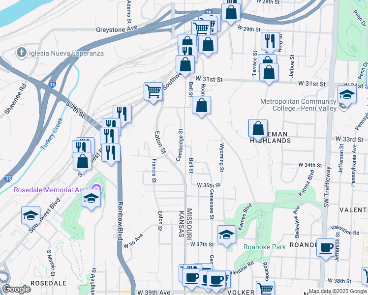 map of restaurants, bars, coffee shops, grocery stores, and more near 334 Cambridge Street in Kansas City