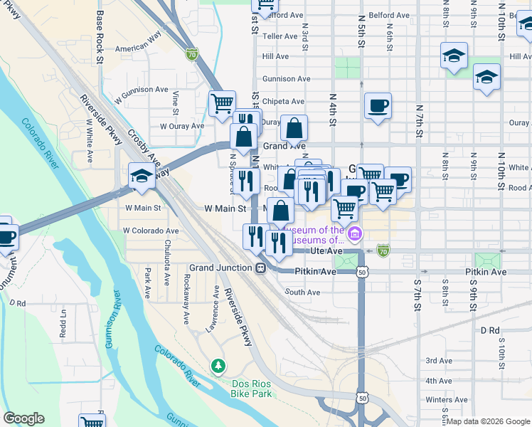 map of restaurants, bars, coffee shops, grocery stores, and more near 100-198 Main St in Grand Junction