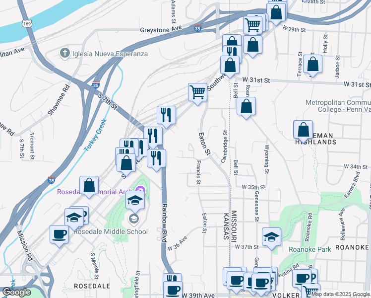 map of restaurants, bars, coffee shops, grocery stores, and more near 3028 Francis Street in Kansas City