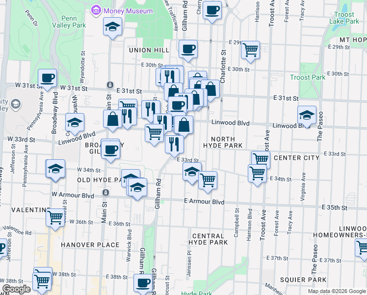 map of restaurants, bars, coffee shops, grocery stores, and more near 3216 Gillham Plaza in Kansas City