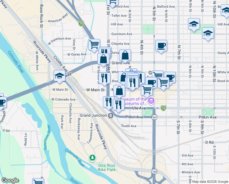 map of restaurants, bars, coffee shops, grocery stores, and more near 100 Main Street in Grand Junction