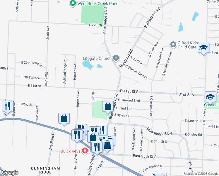 map of restaurants, bars, coffee shops, grocery stores, and more near 9120 East 31st Street South in Kansas City