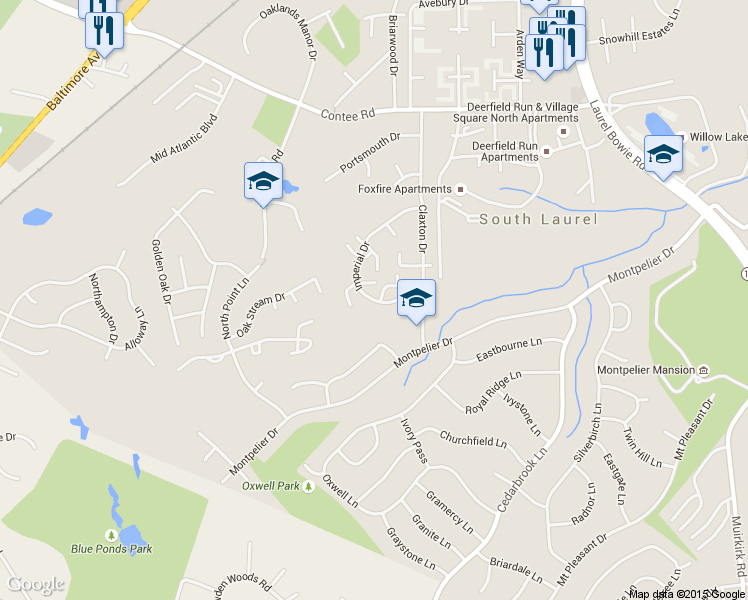map of restaurants, bars, coffee shops, grocery stores, and more near 8206 Imperial Drive in Laurel