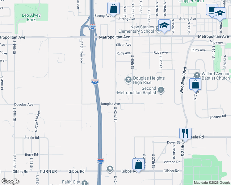 map of restaurants, bars, coffee shops, grocery stores, and more near 1799 South 42nd Street in Kansas City