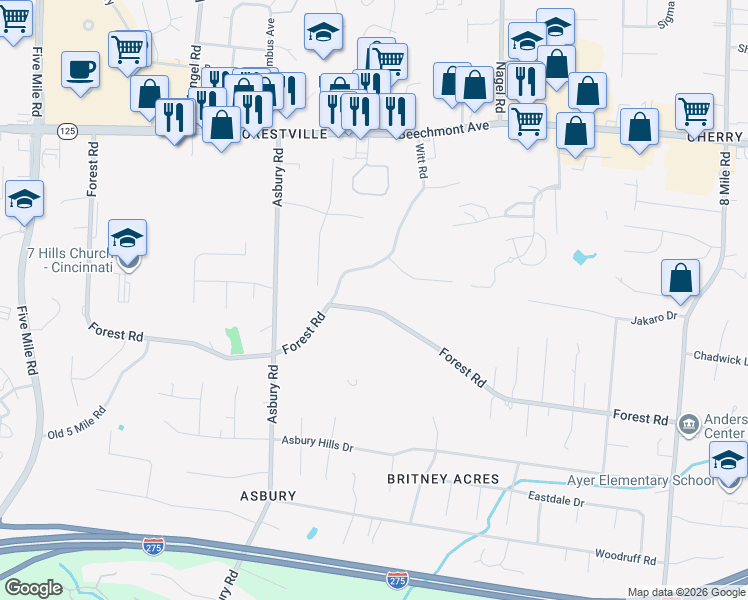 map of restaurants, bars, coffee shops, grocery stores, and more near 7906 Forest Road in Cincinnati