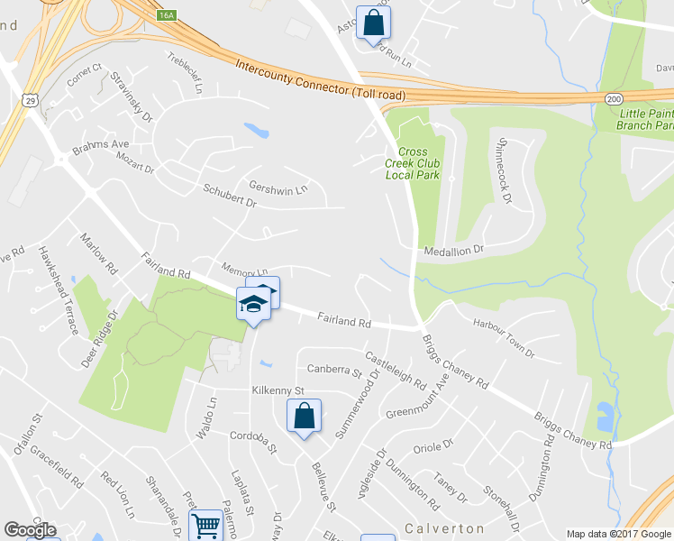 map of restaurants, bars, coffee shops, grocery stores, and more near 3132 Memory Lane in Silver Spring