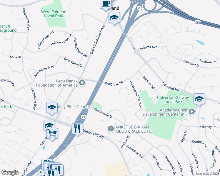 map of restaurants, bars, coffee shops, grocery stores, and more near 2505 Musgrove Road in Silver Spring