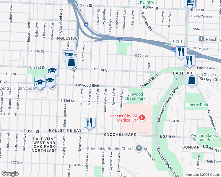 map of restaurants, bars, coffee shops, grocery stores, and more near 4417 Linwood Boulevard in Kansas City