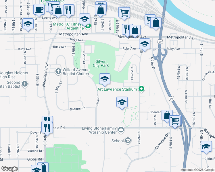map of restaurants, bars, coffee shops, grocery stores, and more near 2515 Lawrence Avenue in Kansas City