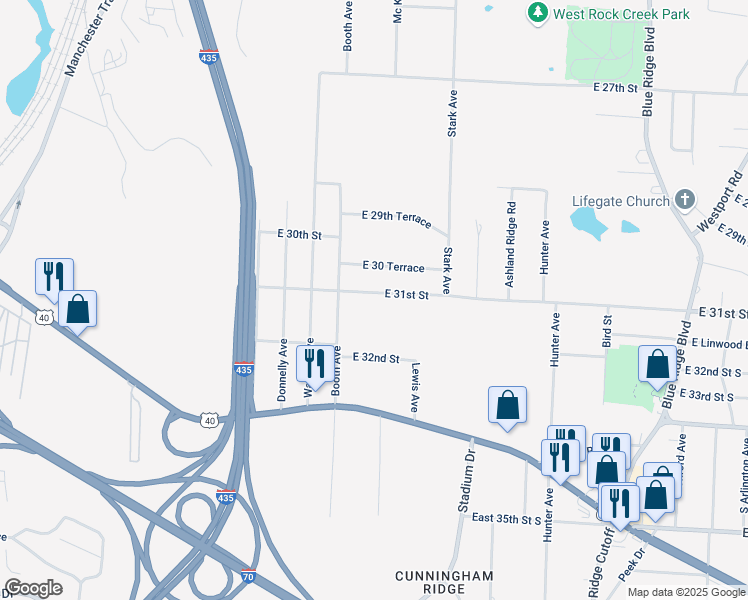 map of restaurants, bars, coffee shops, grocery stores, and more near 8619 East 31st Street in Kansas City