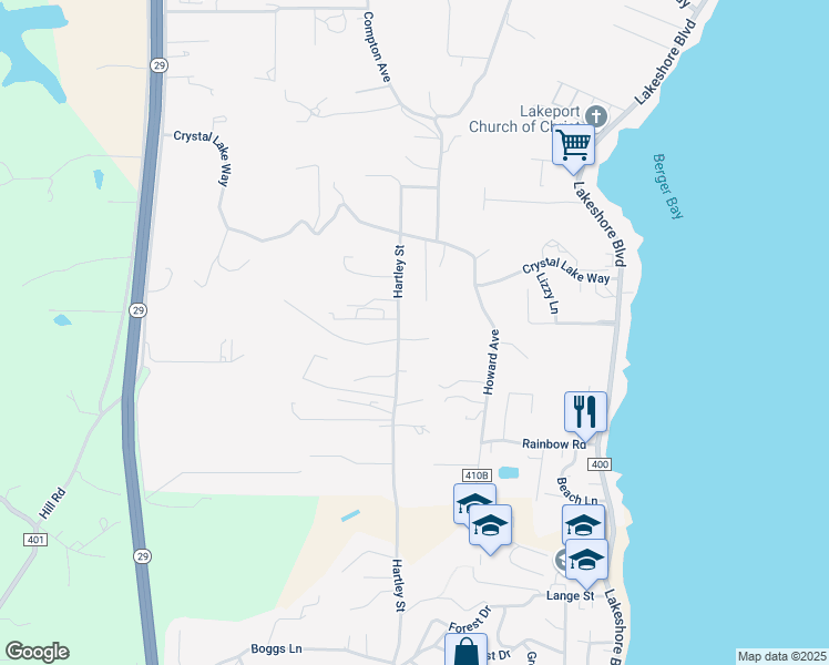 map of restaurants, bars, coffee shops, grocery stores, and more near 2770 Hartley Street in Lakeport