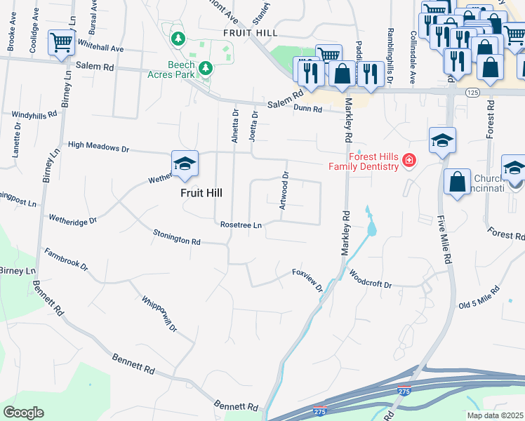 map of restaurants, bars, coffee shops, grocery stores, and more near 7056 Baribill Place in Cincinnati