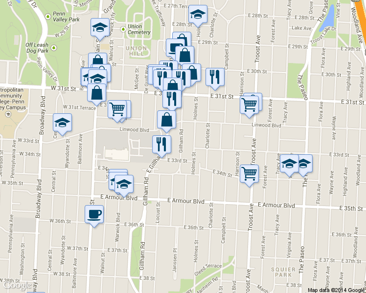 map of restaurants, bars, coffee shops, grocery stores, and more near 3241 Gillham Road in Kansas City