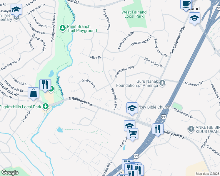 map of restaurants, bars, coffee shops, grocery stores, and more near 12802 Serpentine Way in Silver Spring