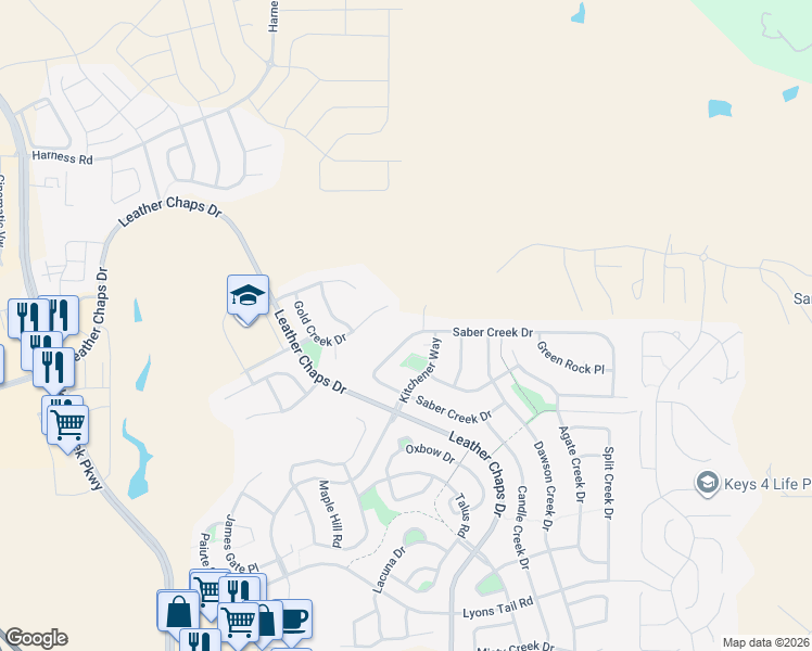 map of restaurants, bars, coffee shops, grocery stores, and more near 434 Saber Creek Drive in Monument