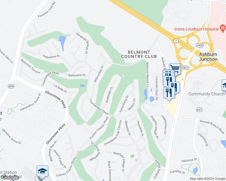 map of restaurants, bars, coffee shops, grocery stores, and more near 19832 Bethpage Court in Ashburn