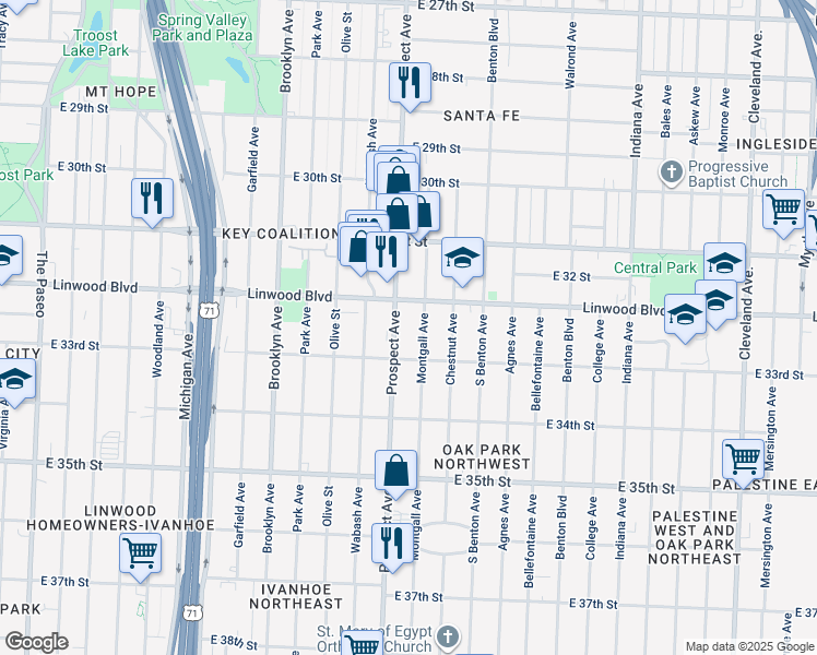 map of restaurants, bars, coffee shops, grocery stores, and more near 3201 Prospect Avenue in Kansas City