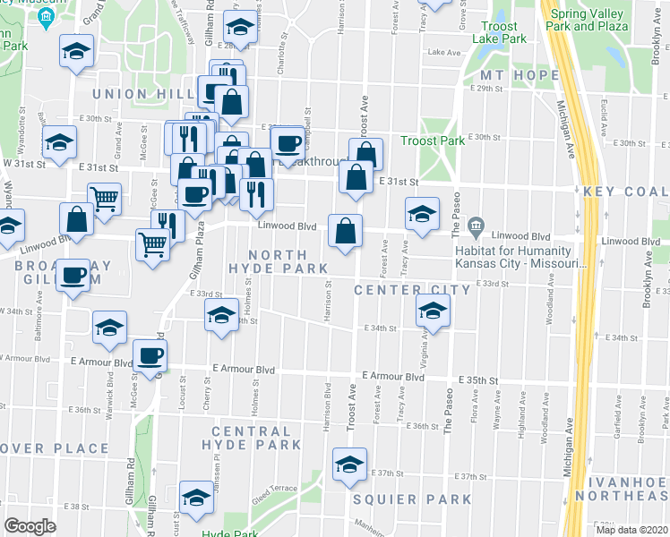 map of restaurants, bars, coffee shops, grocery stores, and more near 3230 Troost Avenue in Kansas City