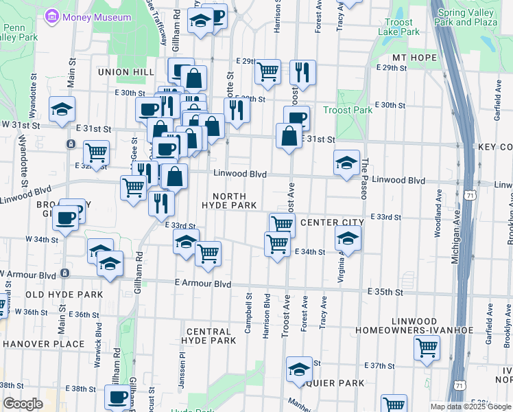 map of restaurants, bars, coffee shops, grocery stores, and more near 3234 Harrison Street in Kansas City