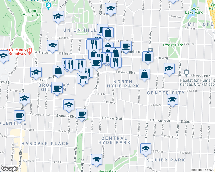 map of restaurants, bars, coffee shops, grocery stores, and more near 3238 Gillham Road in Kansas City