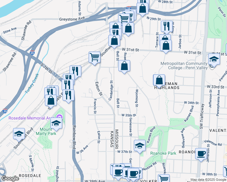 map of restaurants, bars, coffee shops, grocery stores, and more near 334 Cambridge Street in Kansas City