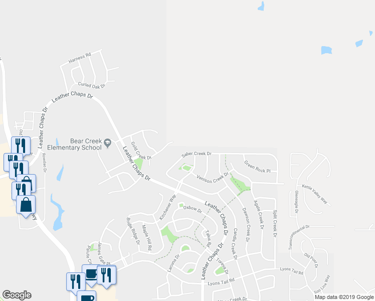 map of restaurants, bars, coffee shops, grocery stores, and more near 434 Saber Creek Drive in Monument