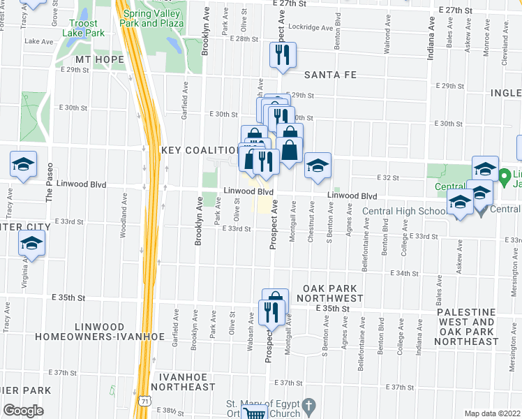 map of restaurants, bars, coffee shops, grocery stores, and more near 3221 Wabash Avenue in Kansas City