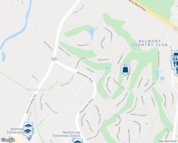 map of restaurants, bars, coffee shops, grocery stores, and more near 43347 La Belle Place in Ashburn