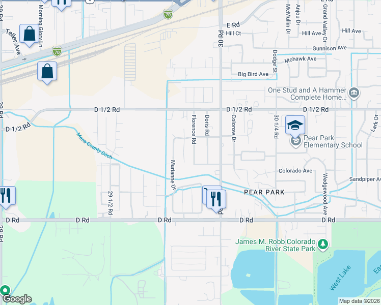 map of restaurants, bars, coffee shops, grocery stores, and more near 433 Florence Road in Grand Junction